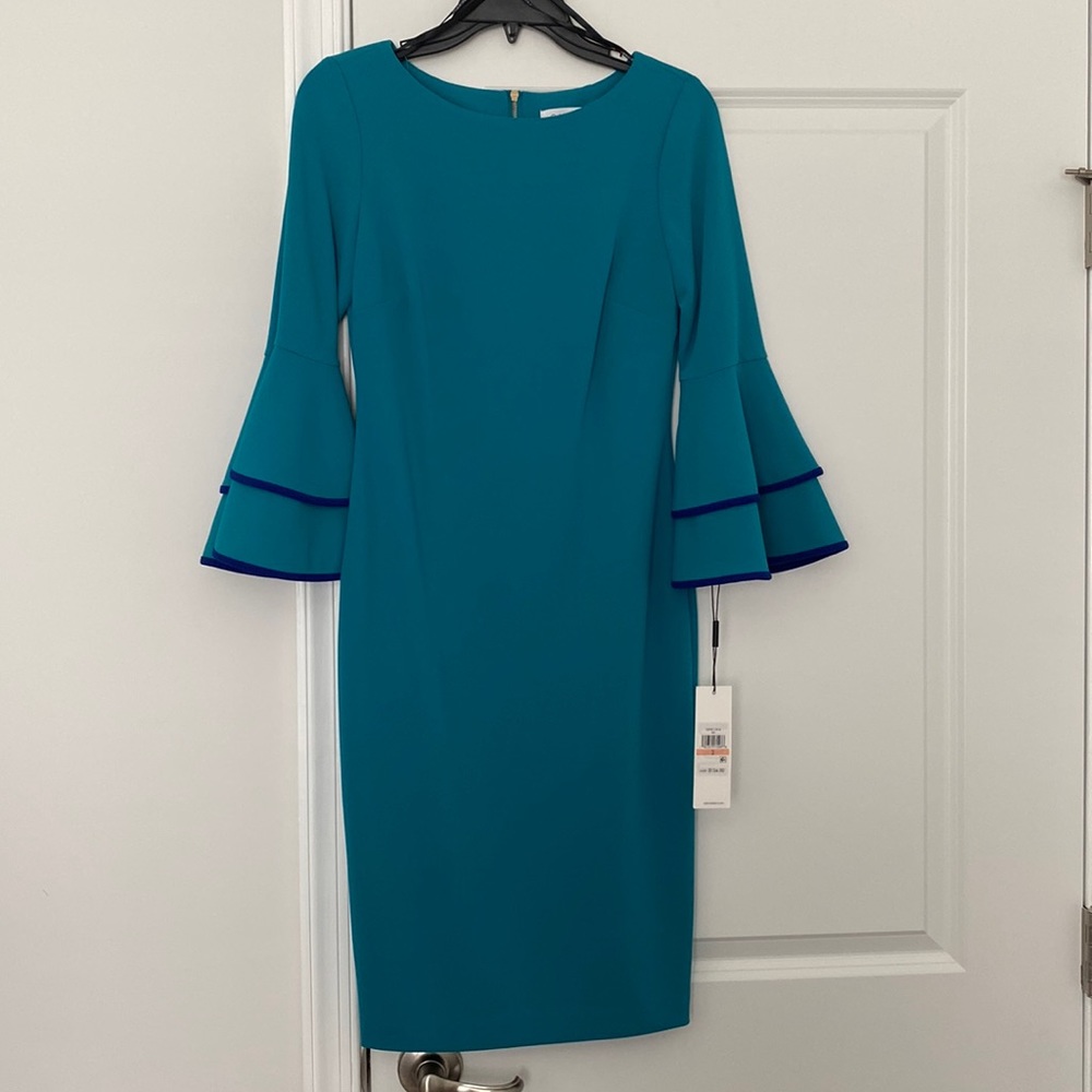 Teal Dress with Purple Trim Around Bell like Sleeve
